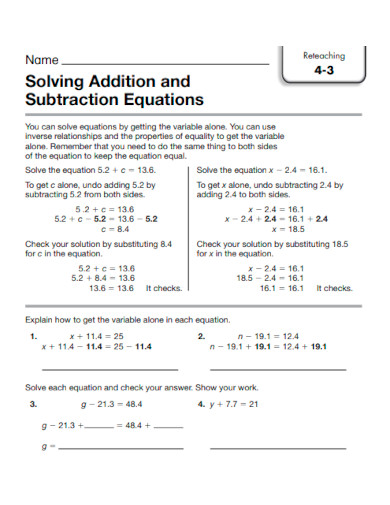 Solving Addition and Subtraction Equations Worksheet