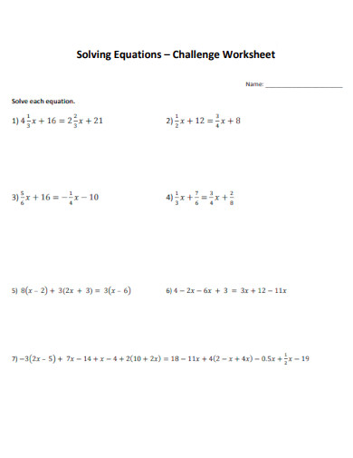 Solving Equations Challenge Worksheet