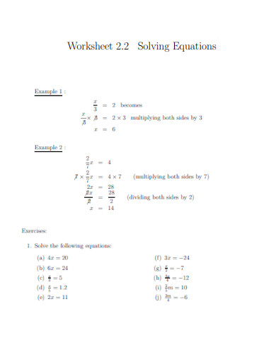 Solving Equations Worksheet Example