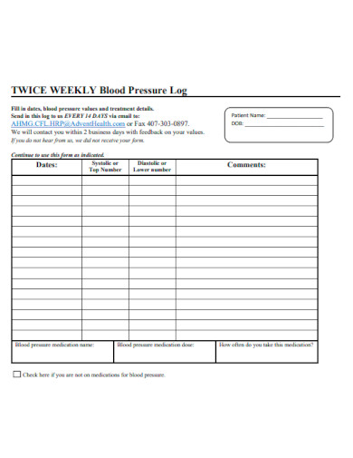 Twice Weekly Blood Pressure Log Sheet