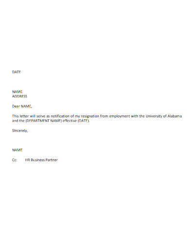 University Employee Resignation Letter