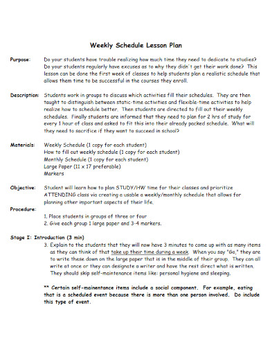 Weekly Schedule Lesson Plan
