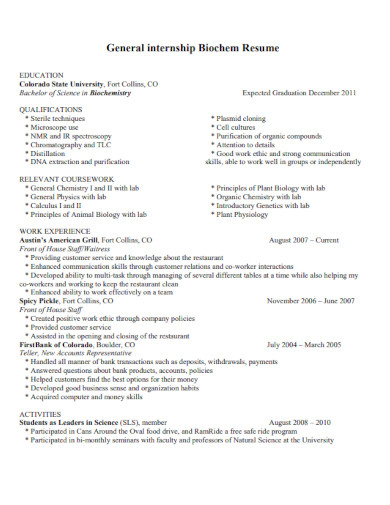 General Internship Biochem Resume
