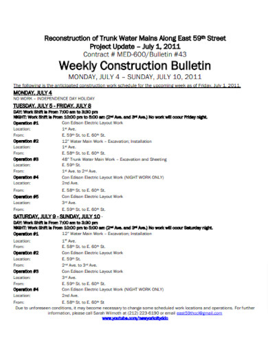 Basic Weekly Construction Schedule