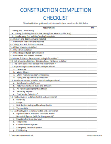 Building Construction Completion Checklist