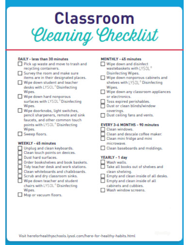 Classroom Cleaning Weekly Checklist