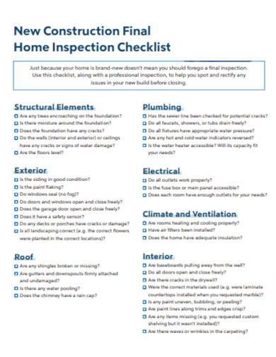 Construction Home Inspection Checklist