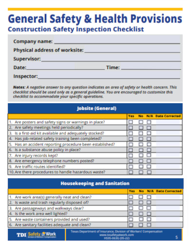Construction Inspection Health Checklist