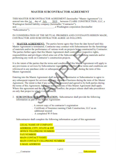 Construction Subcontractor Agreement Format