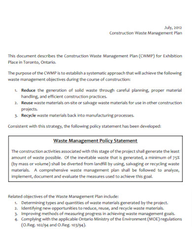 Construction Waste Management Plan Policy Statement