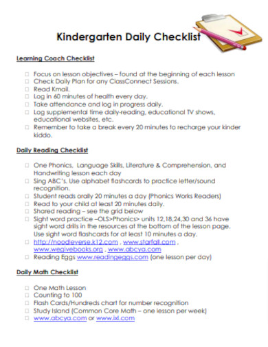 Daily Kindergarten Checklist