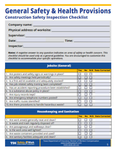General Construction Safety Checklist