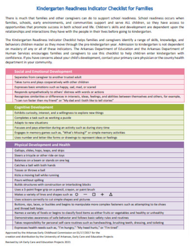 Kindergarten Indicator Checklist