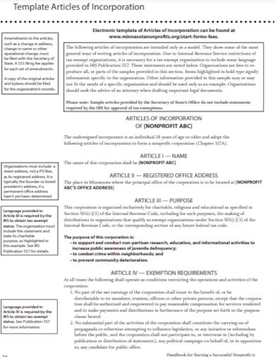 Nonprofit Articles Of Incorporation Layout