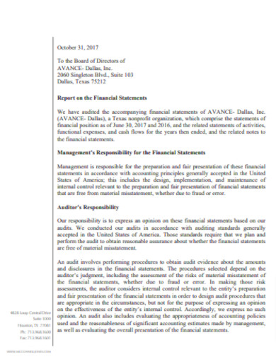Nonprofit Financial Statement Audit Report