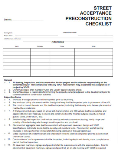 Pre Construction Acceptance Checklist