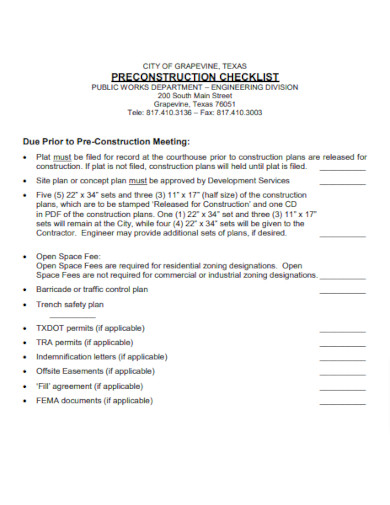 Pre Construction Checklist Layout