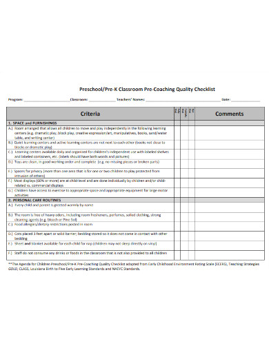 Preschool Teacher Checklist
