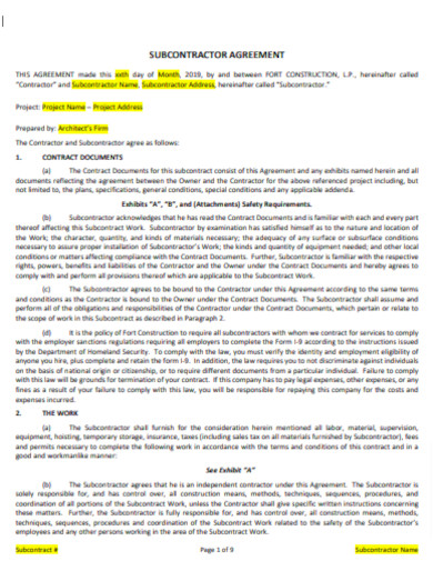 Printable Construction Subcontractor Agreement