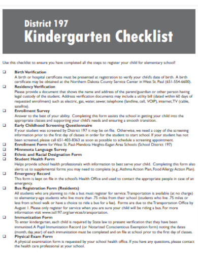 Printable Kindergarten Checklist