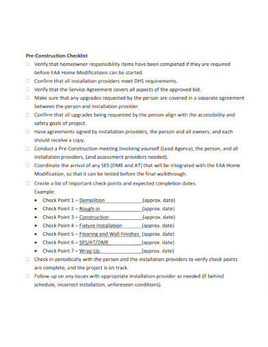 Printable Pre Construction Checklist