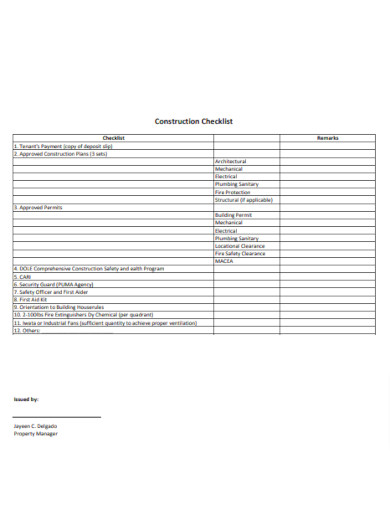 Sample Construction Checklist