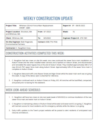 Sample Weekly Construction Schedule