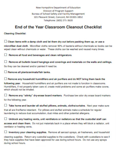 School Classroom Cleaning Checklist