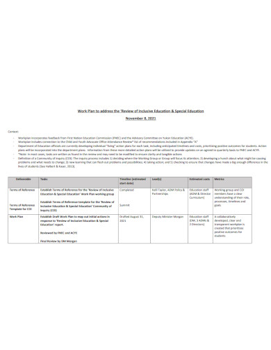 Special Education Business Work Plan