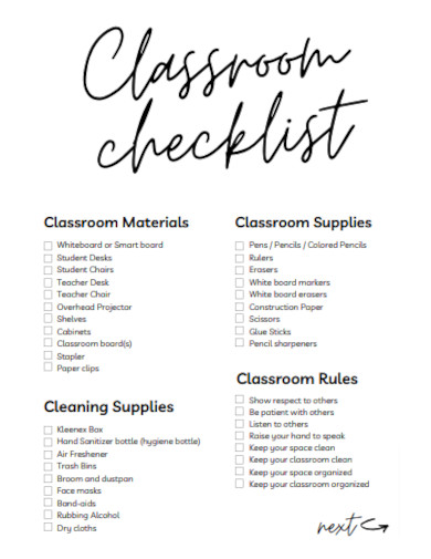 Standard Classroom Cleaning Checklist