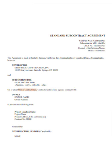 Standard Construction Subcontractor Agreement