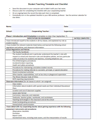Student Teacher Checklist