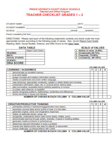 Teacher Checklist Grade