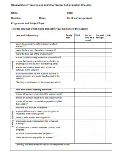 Teacher Self evaluation Checklist