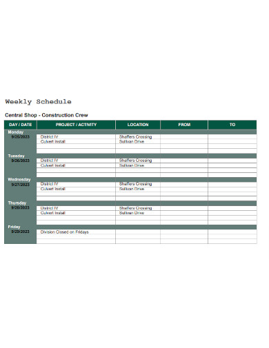 Weekly Construction Crew Schedule