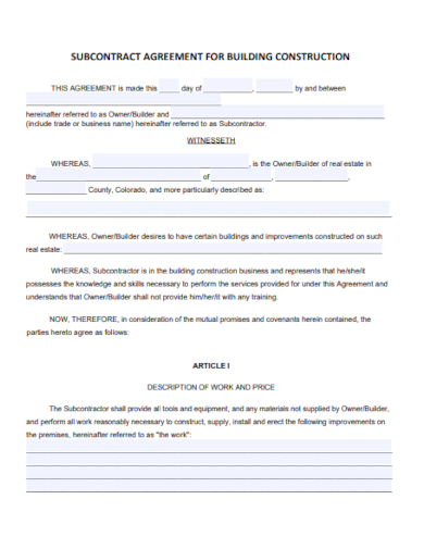 Building Construction Contractor Agreement