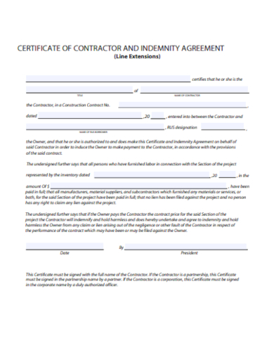 Construction Contractor Indemnity Agreement