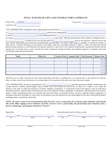 Construction Contractor Waiver of Lien Form