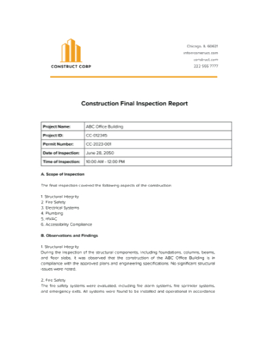 Construction Final Inspection Report Template