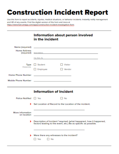 Construction Incident Information Report