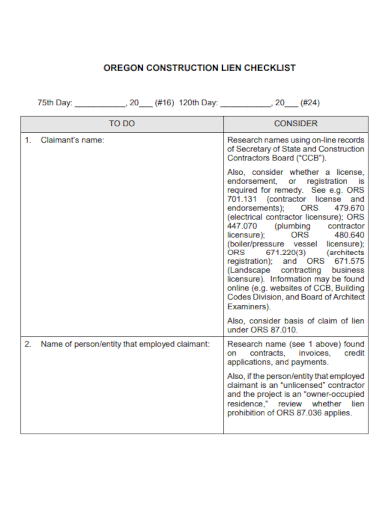 Construction Lien Checklist Form