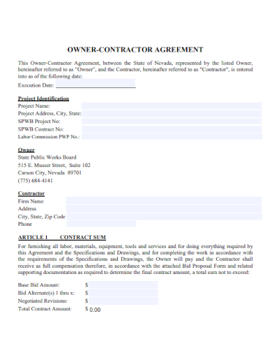 Construction Owner Contractor Agreement