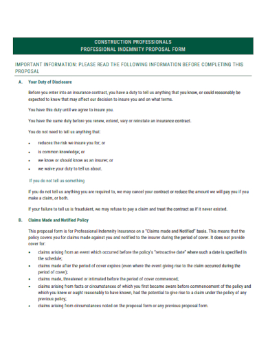 Construction Professional Indemnity Proposal Form