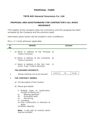 Construction Risk Insurance Proposal Form