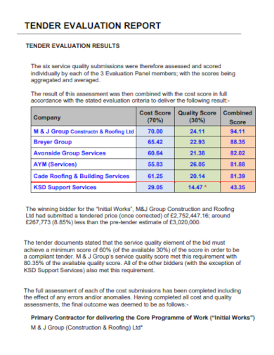 Construction Tender Evaluation Report