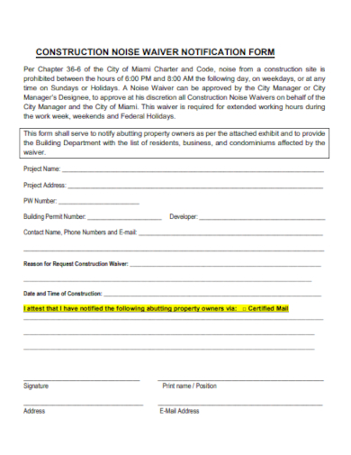 Construction Waiver Notification Form