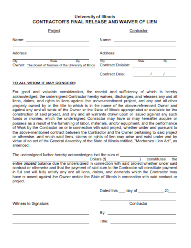 Contractor Release Waiver of Lien Form