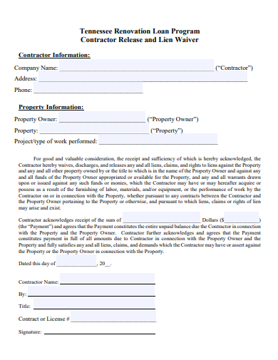 Contractor Release and Lien Waiver Form