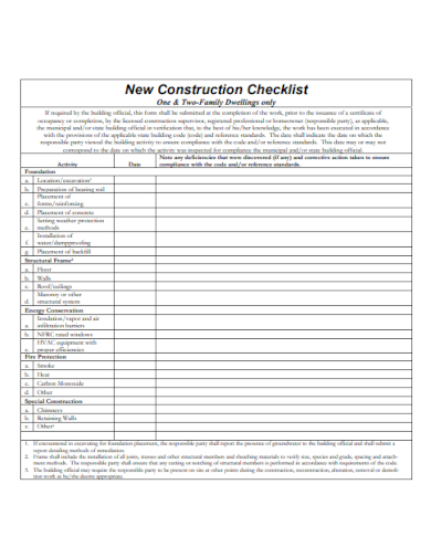 New Construction Checklist Form