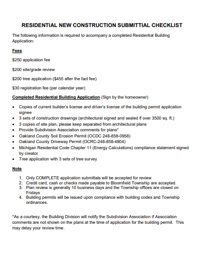 New Construction Submittal Checklist